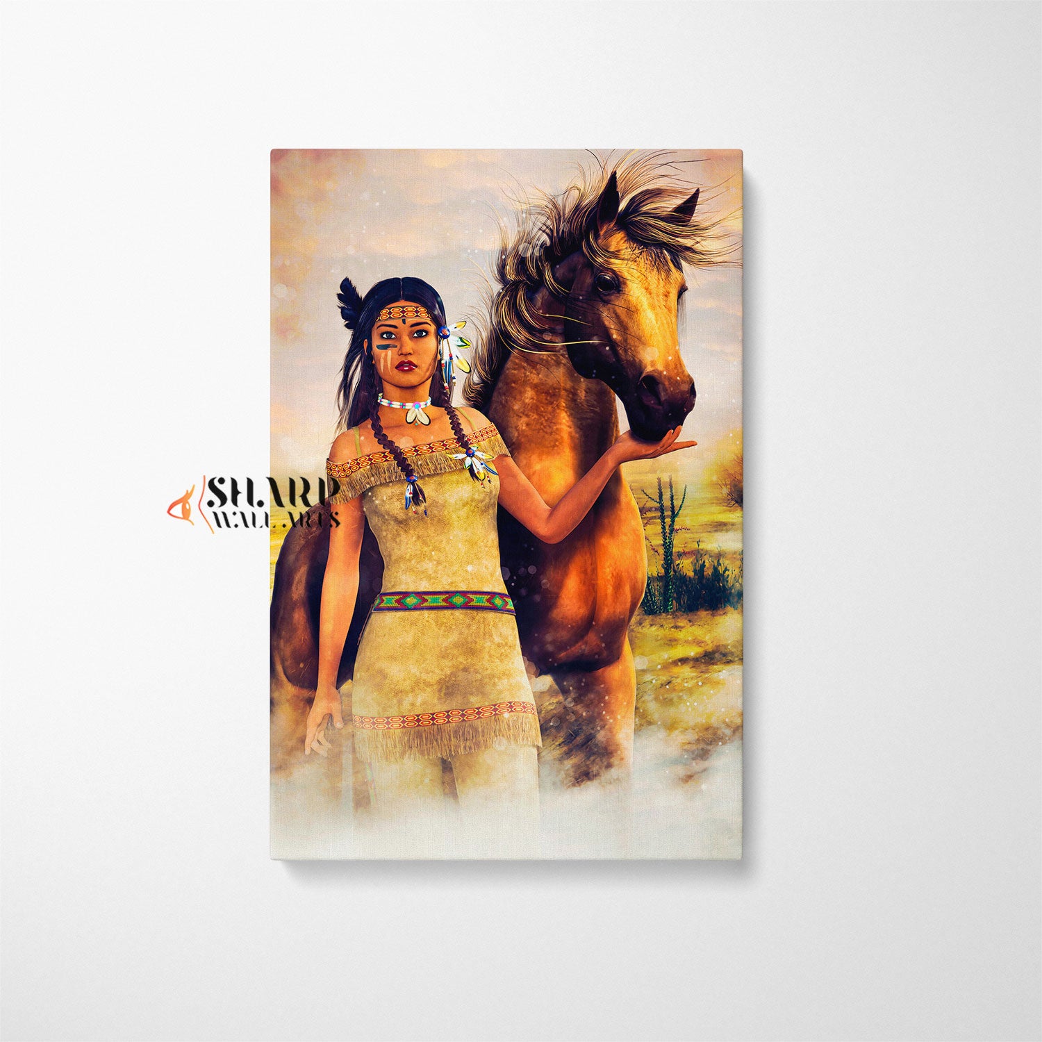 Native American Tribal Woman With Horse Canvas Wall Art