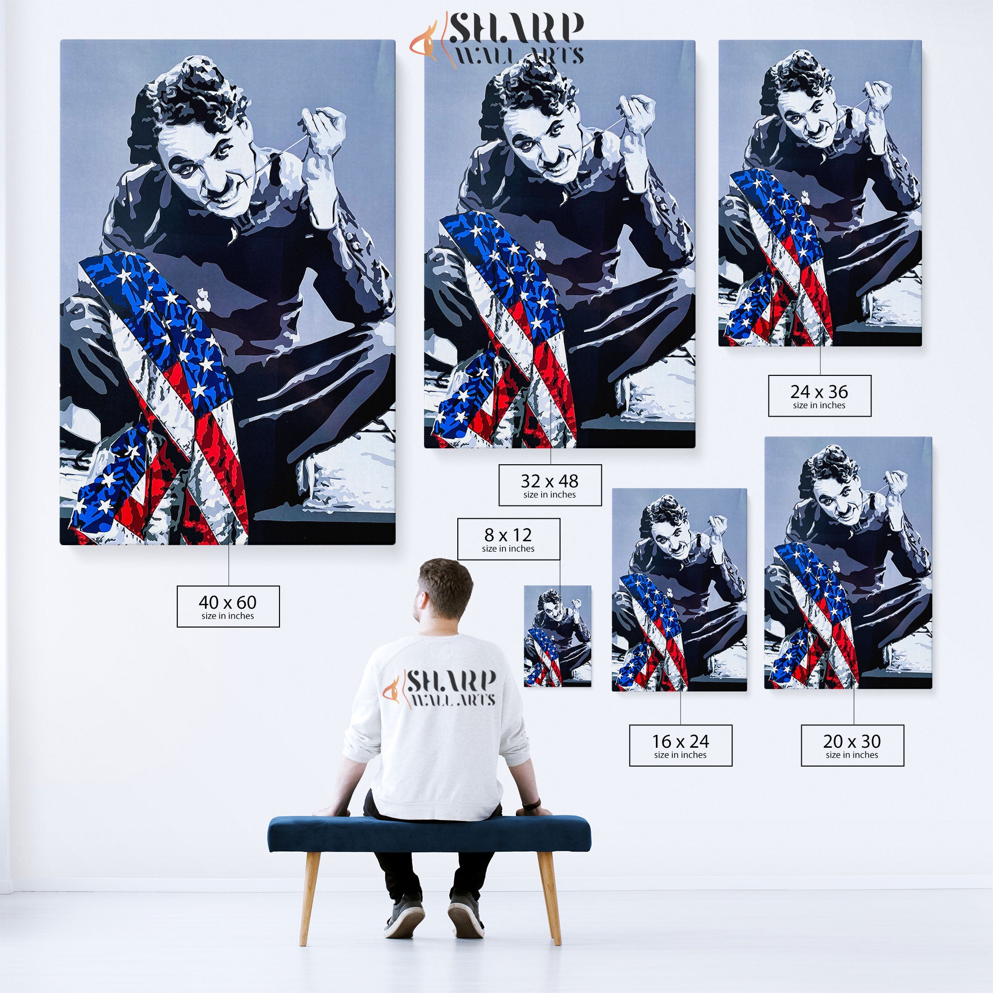 Charlie Chaplin With American Flag Wall Art Canvas