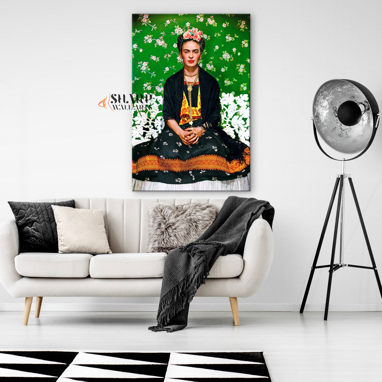 Frida Kahlo on a White Bench Canvas Wall Art