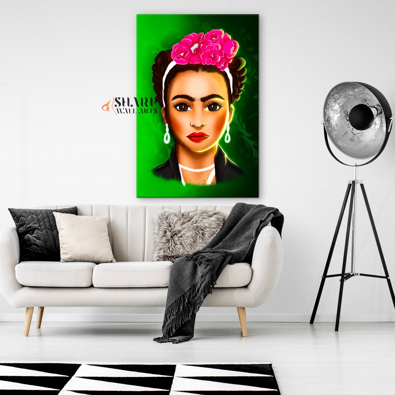 Frida Kahlo Cartoon Character Green Canvas Wall Art