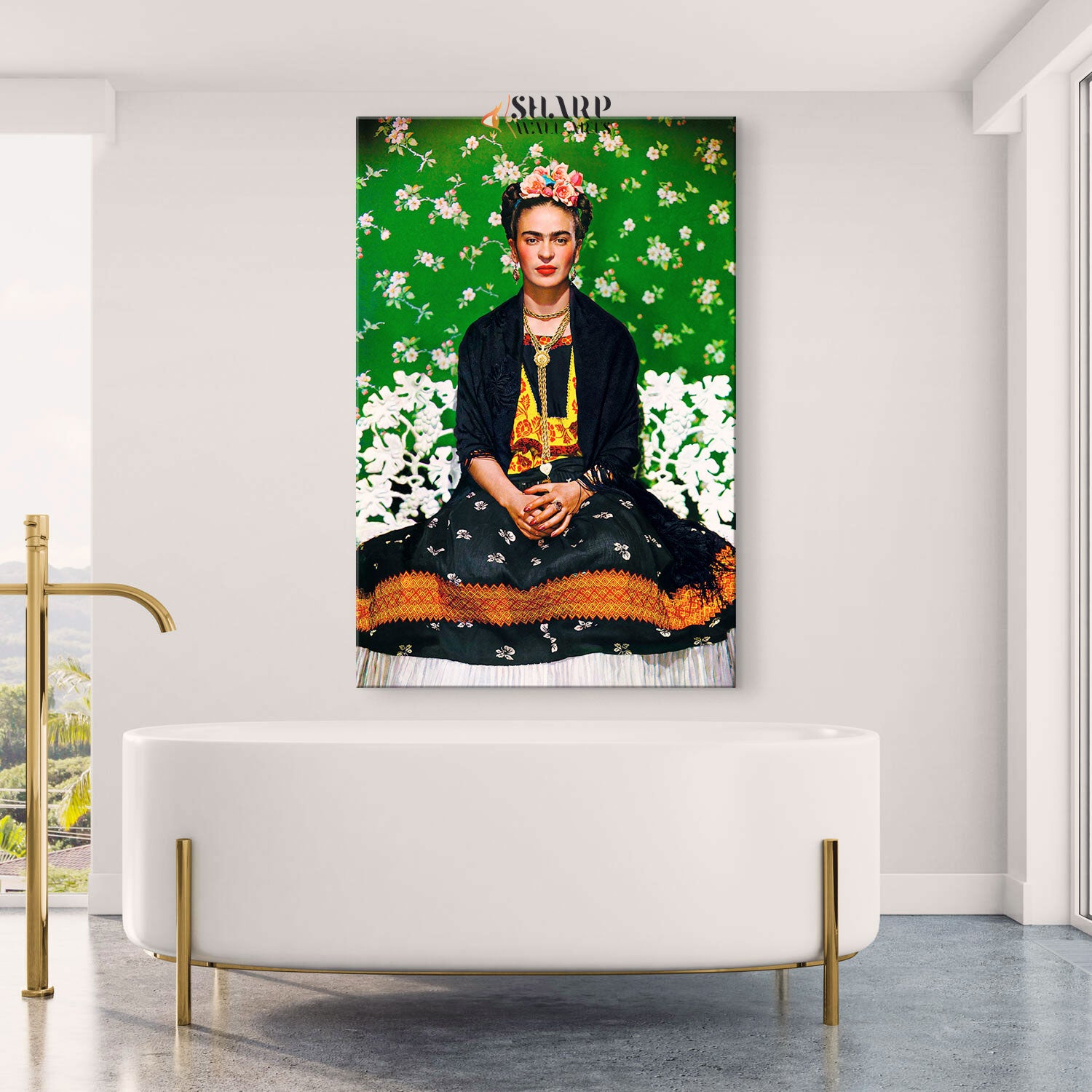 Frida Kahlo on a White Bench Canvas Wall Art