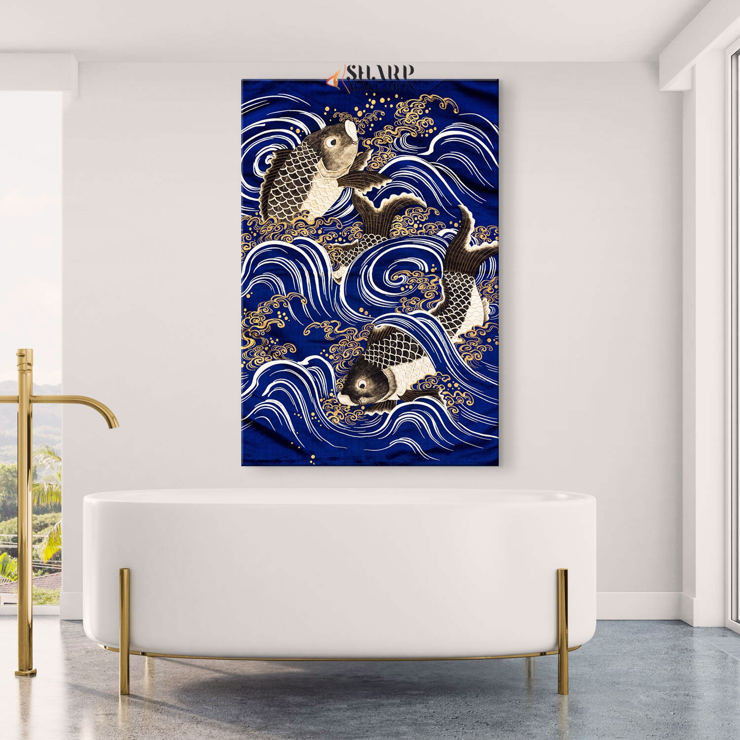 Japanese Carp In Waves Canvas Wall Art