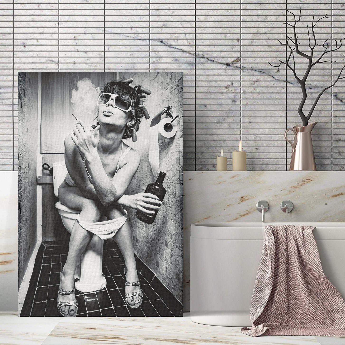 Girl Smoking on Toilet Canvas Wall Art - SharpWallArts