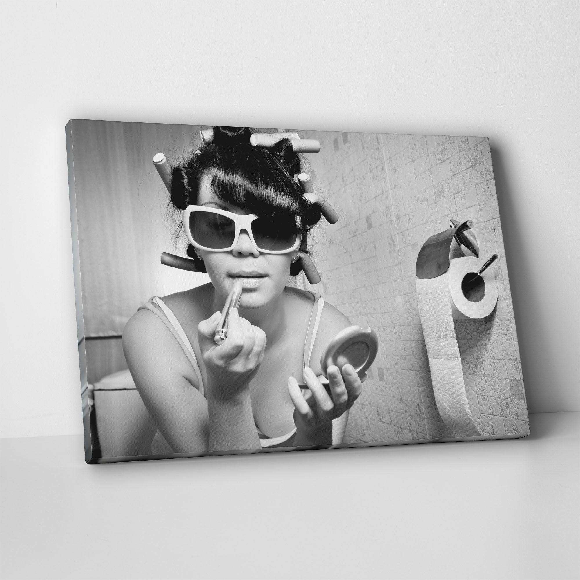 Girl Putting On Makeup Sits In The Toilet Canvas Wall Art - SharpWallArts