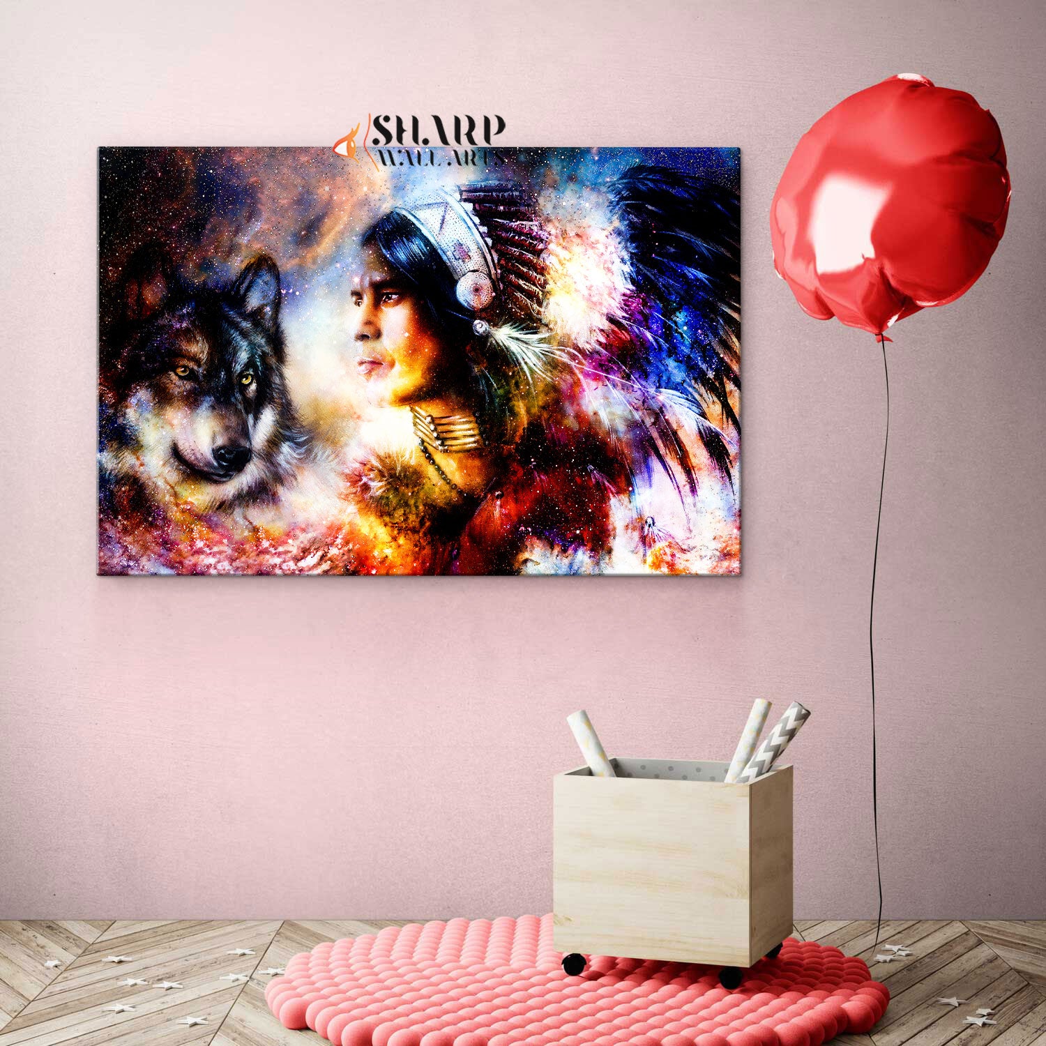 Native American Indian Chief And Wolf Canvas Wall Art