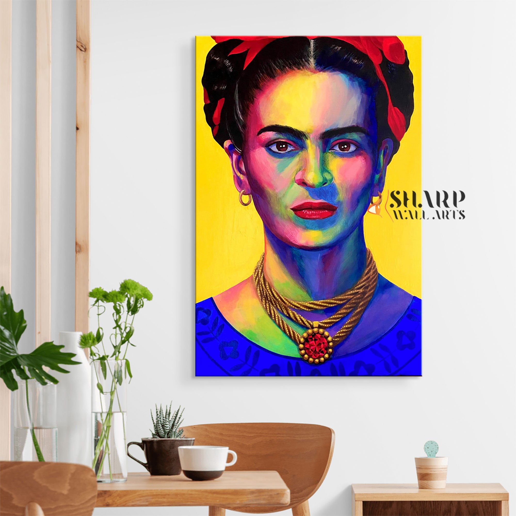 Frida Kahlo Portrait Blue and Yellow Canvas Wall Art