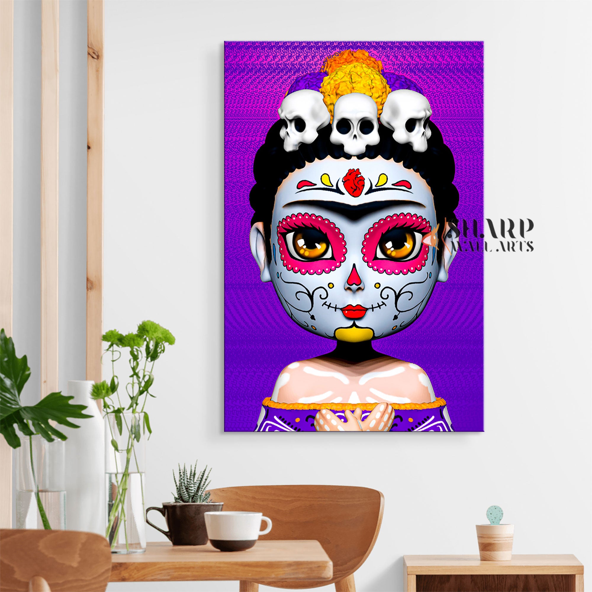 Frida Kahlo Skull Cartoon Style Purple Canvas Wall Art