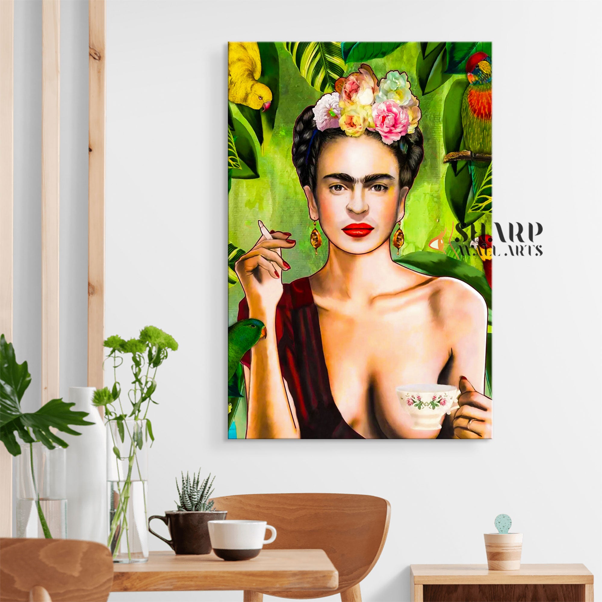 frida kahlo smoking a cigarette Painting, Mexican Wall Art, Frida Kahlo Canvas Print, Mexico Painting, Mexican Gift for Her, Ready to Hang Smoking Frida Neon Art