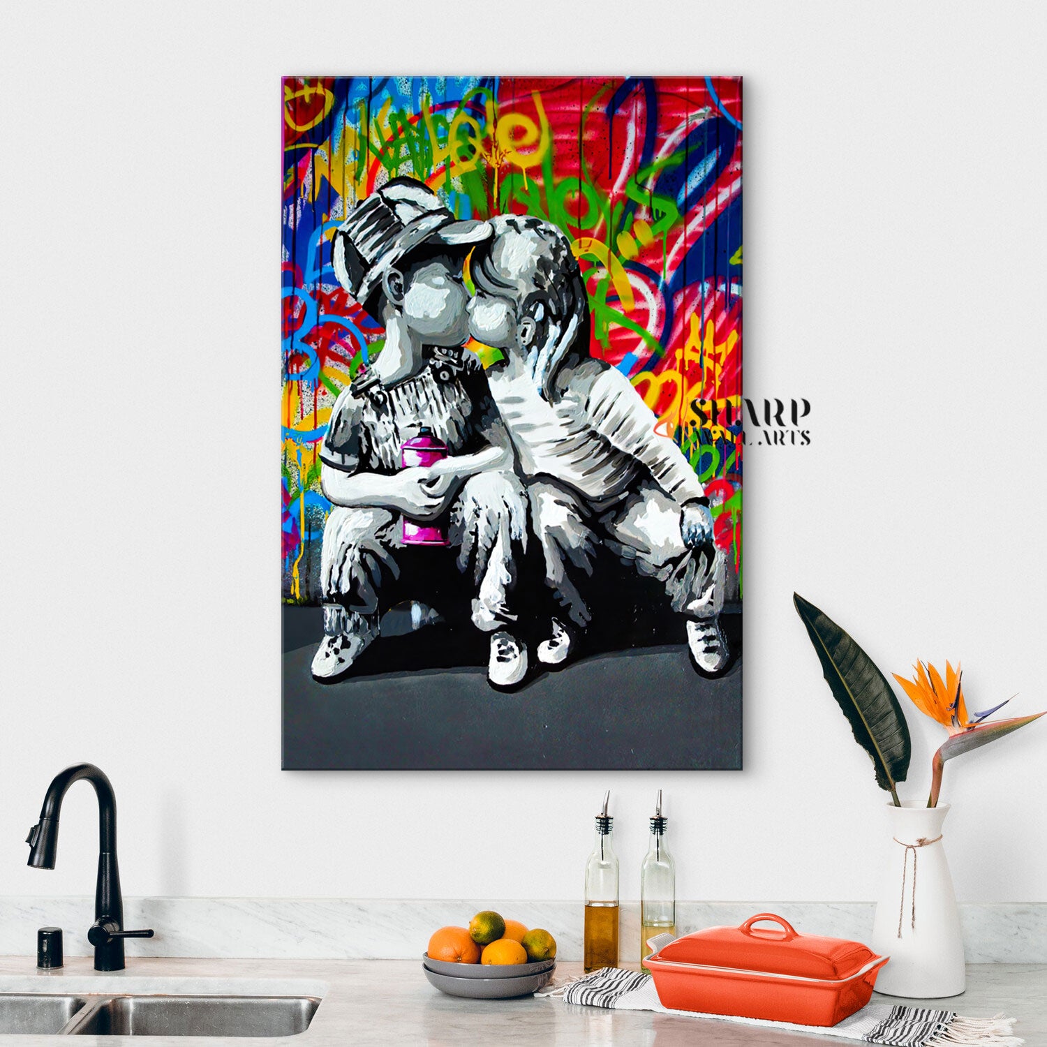 Little Boy And Girl Kissing Canvas Wall Art