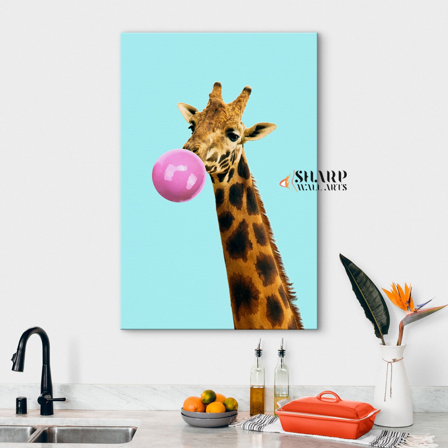 Giraffe Bubble Gum Canvas Wall Art