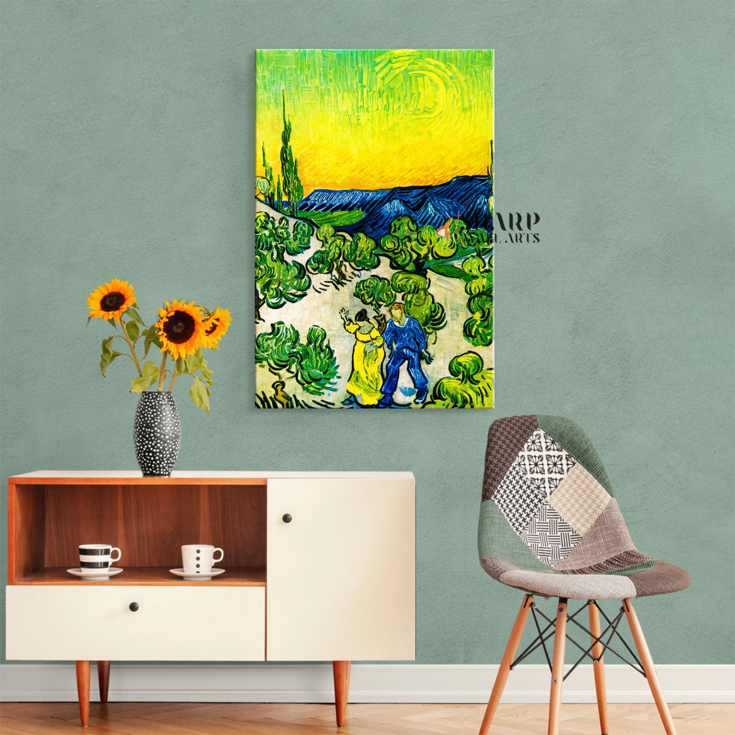 Vincent van Gogh Landscape With Couple Walking And Crescent Moon Canvas Wall Art