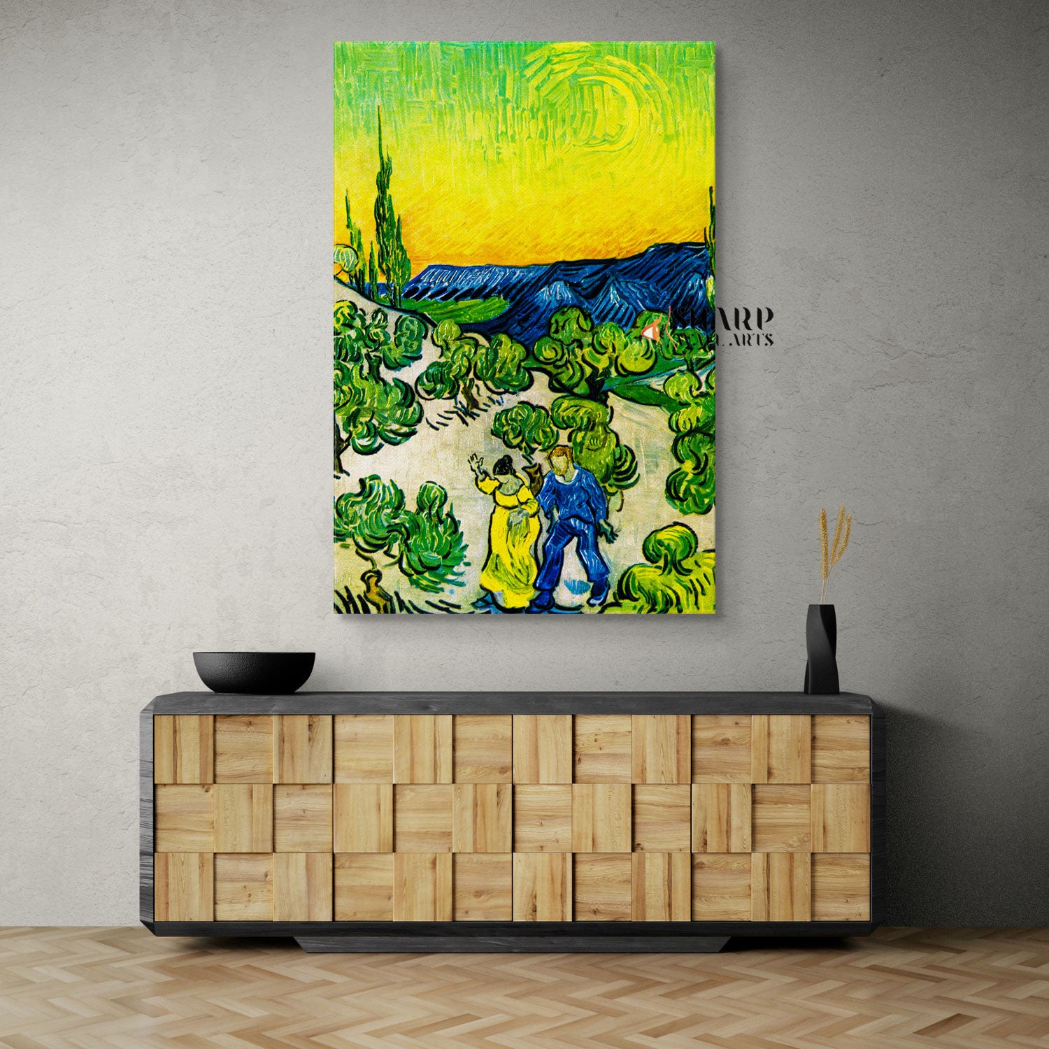 Vincent van Gogh Landscape With Couple Walking And Crescent Moon Canvas Wall Art