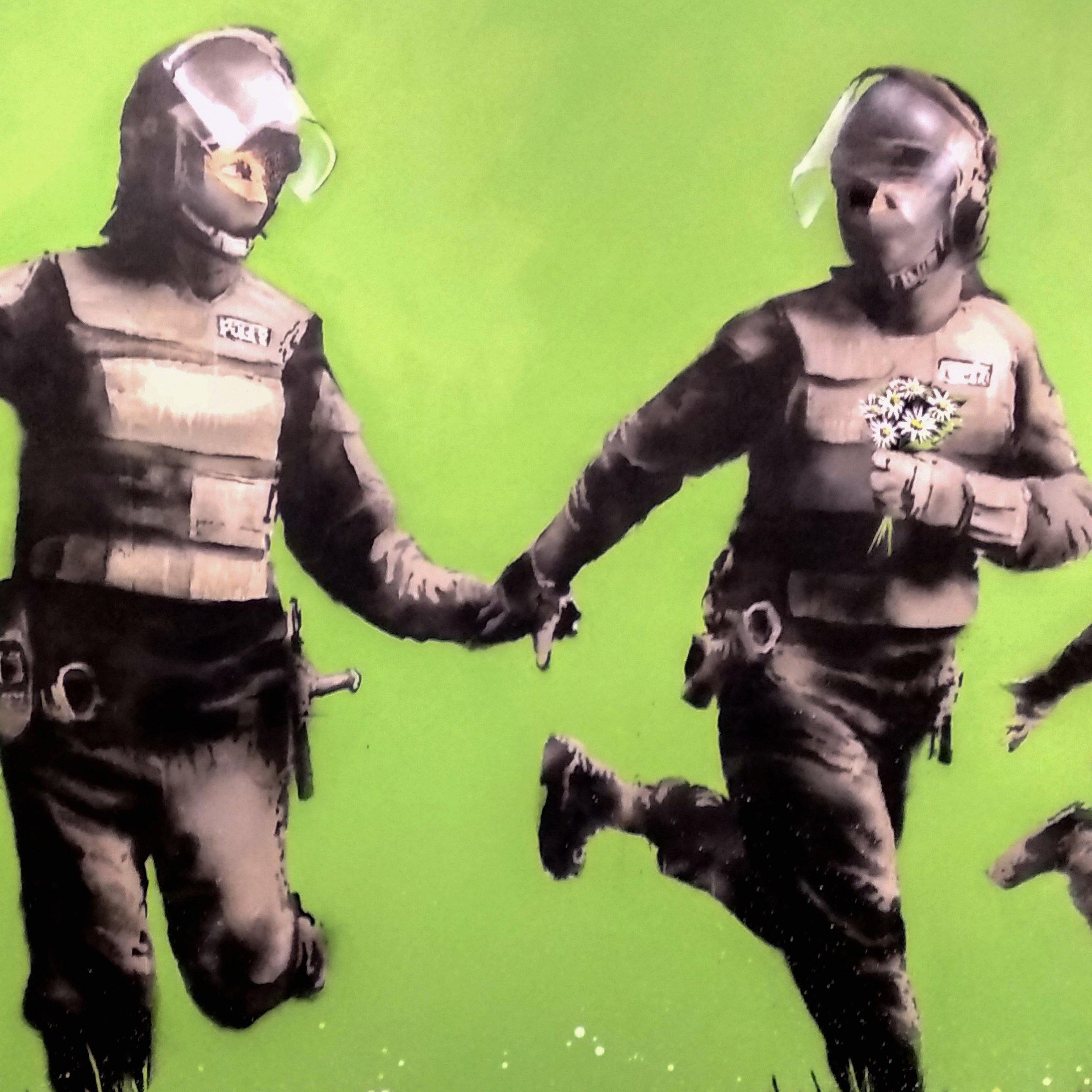 Banksy - Riot Police In The Field Peace Wall Art Canvas - SharpWallArts