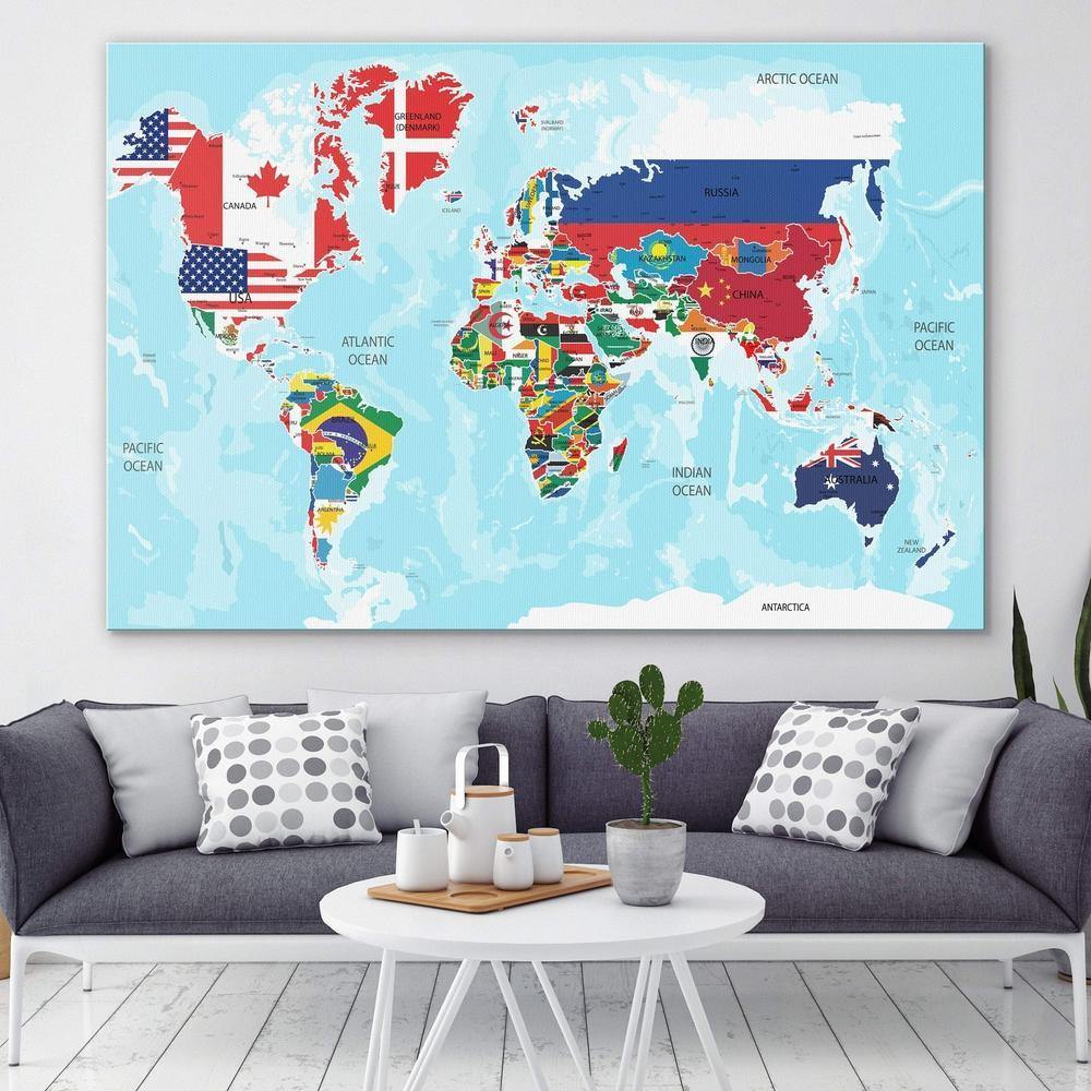World Map Large Canvas With Countries - Living Room Wall Decor - SharpWallArts