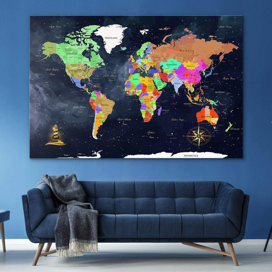 World Map Wall Art Navy Living Room Wall Decor SharpWallArts