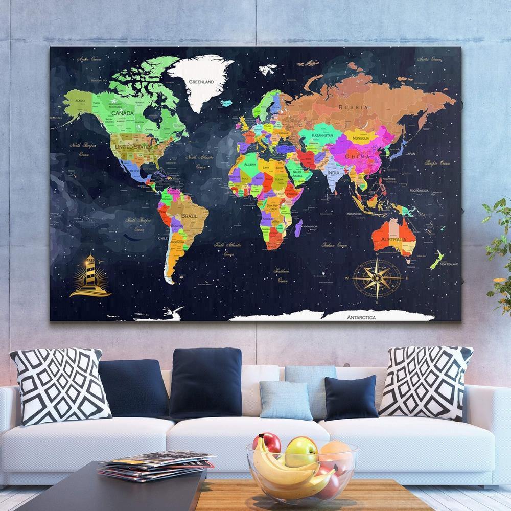 World Map Wall Art Navy - Living Room Wall Decor - SharpWallArts